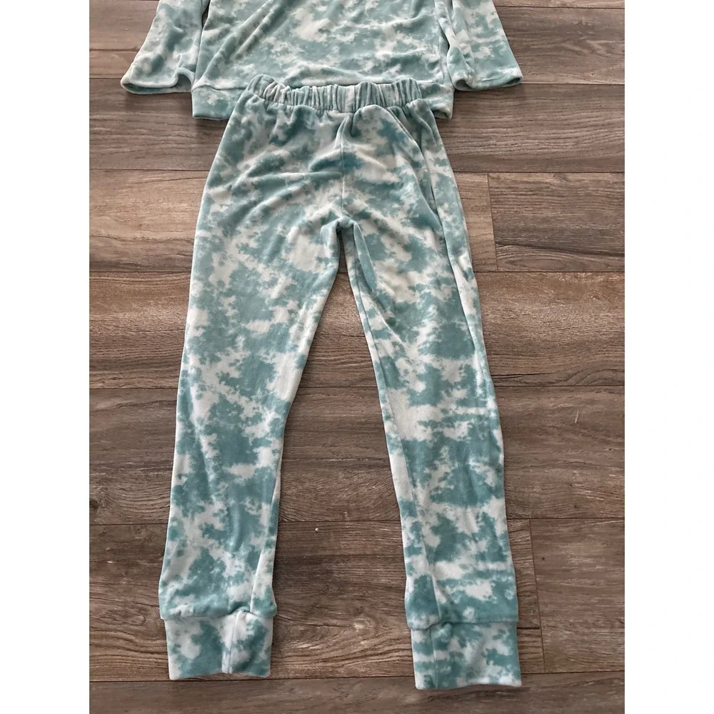 Btween Girls Teal Tie Dye Velour Ruffle Lounge Set Size 8 Long Sleeve Joggers
